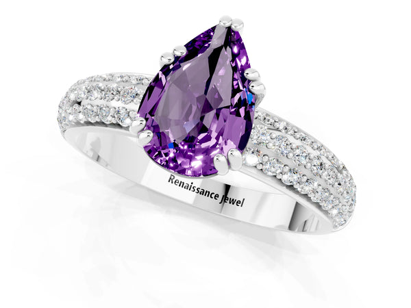 Platinum Pear Cut Amethyst Vintage Milgrain Ring with Round  Stations