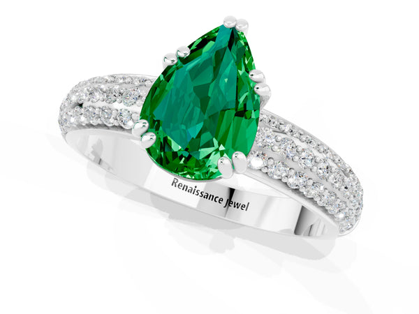 Platinum Pear Cut Emerald Vintage Milgrain Ring with Round  Stations