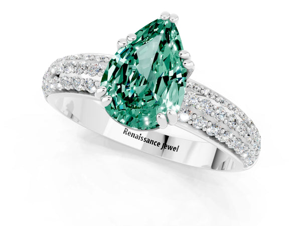 Silver Pear Cut Green Sapphire Vintage Milgrain Ring with Round  Stations