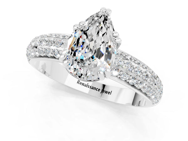 Silver Pear Cut Moissanite Vintage Milgrain Ring with Round  Stations