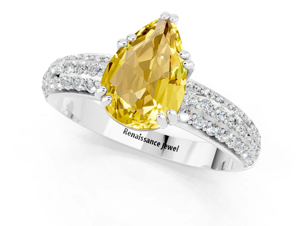 Silver Pear Cut Yellow Sapphire Vintage Milgrain Ring with Round  Stations