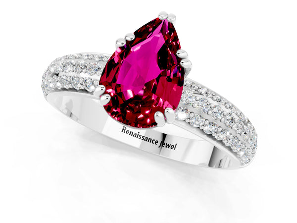 Silver Pear Cut Garnet Vintage Milgrain Ring with Round  Stations