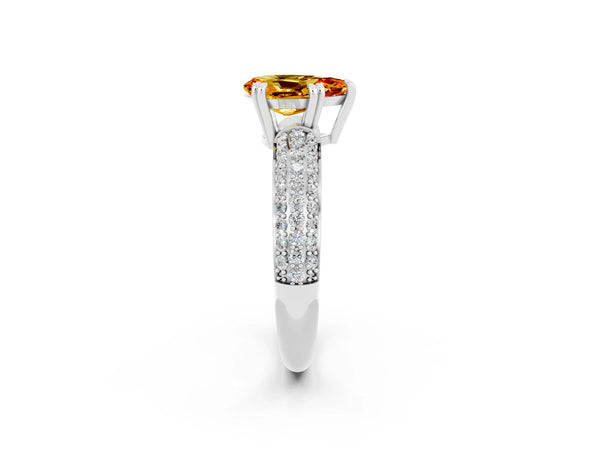 White gold Pear Cut Citrine Vintage Milgrain Ring with Round  Stations