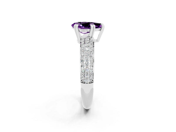 Platinum Pear Cut Amethyst Vintage Milgrain Ring with Round  Stations