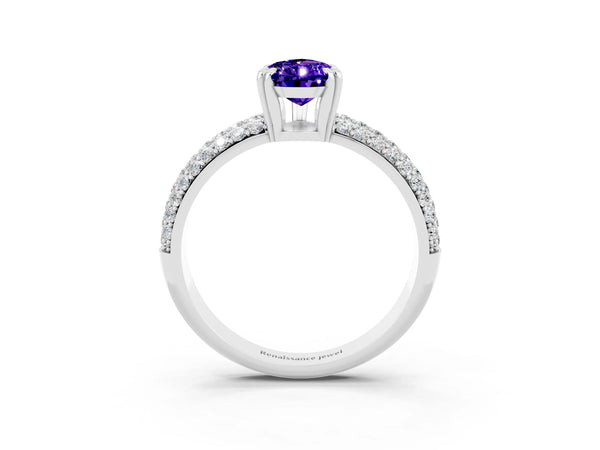 White gold Pear Cut Tanzanite Vintage Milgrain Ring with Round  Stations