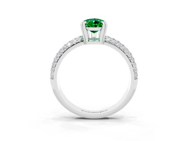 White gold Pear Cut Emerald Vintage Milgrain Ring with Round  Stations