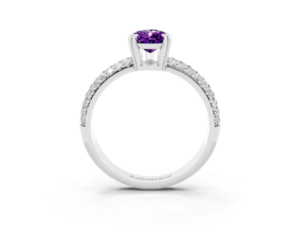 Platinum Pear Cut Amethyst Vintage Milgrain Ring with Round  Stations