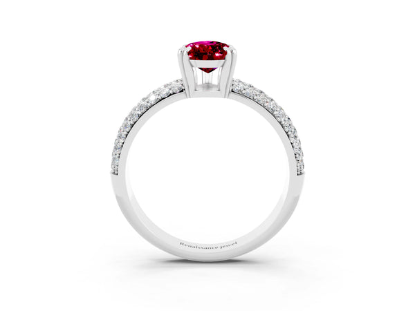 White gold Pear Cut Garnet Vintage Milgrain Ring with Round  Stations