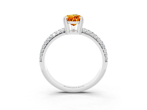 Platinum Pear Cut Citrine Vintage Milgrain Ring with Round  Stations