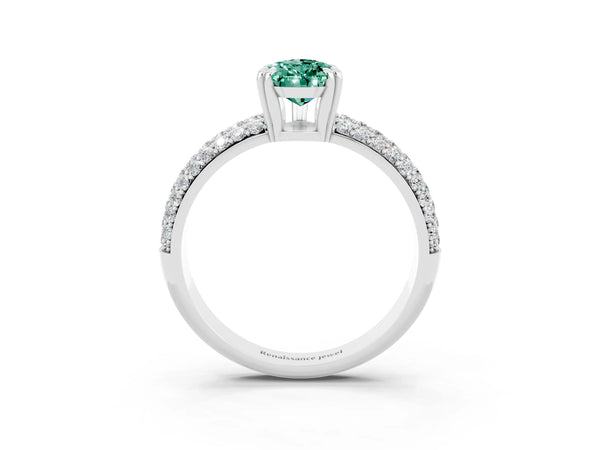 Silver Pear Cut Green Sapphire Vintage Milgrain Ring with Round  Stations