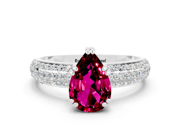 Silver Pear Cut Garnet Vintage Milgrain Ring with Round  Stations