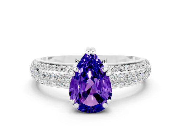White gold Pear Cut Tanzanite Vintage Milgrain Ring with Round  Stations
