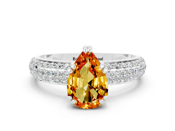 Platinum Pear Cut Citrine Vintage Milgrain Ring with Round  Stations