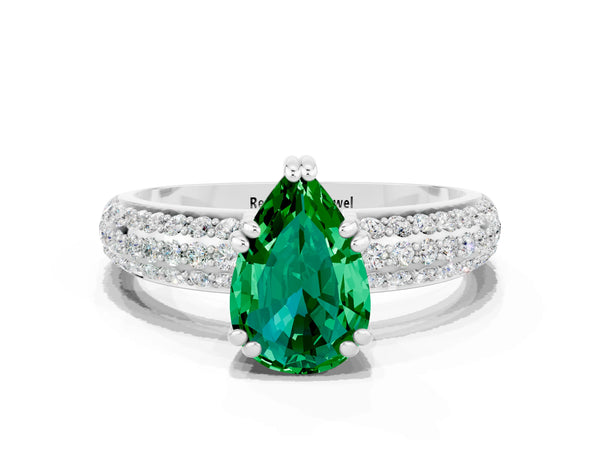 Platinum Pear Cut Emerald Vintage Milgrain Ring with Round  Stations