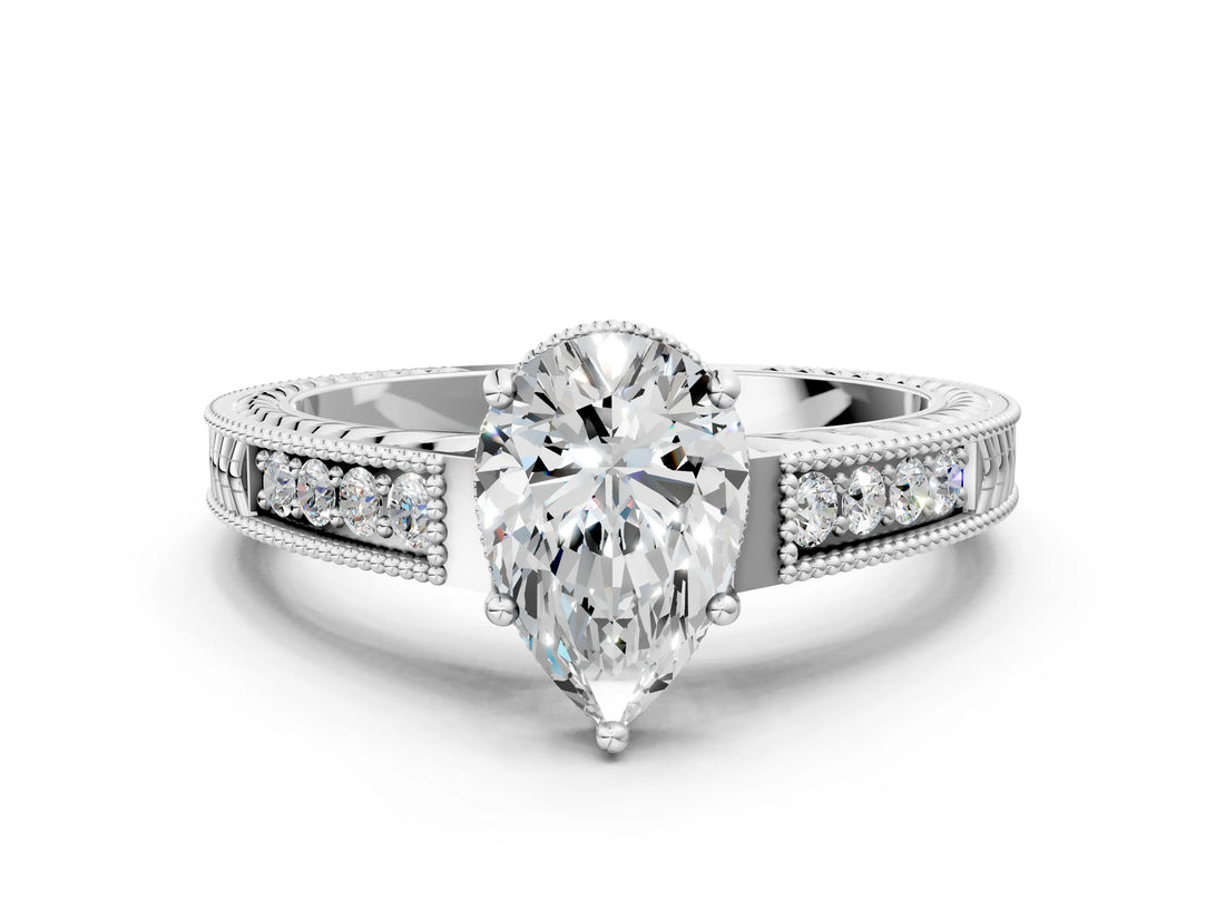 White gold Pear Cut Cut Diamond Milgrain Pave Band Four-Prong Setting Ring_7