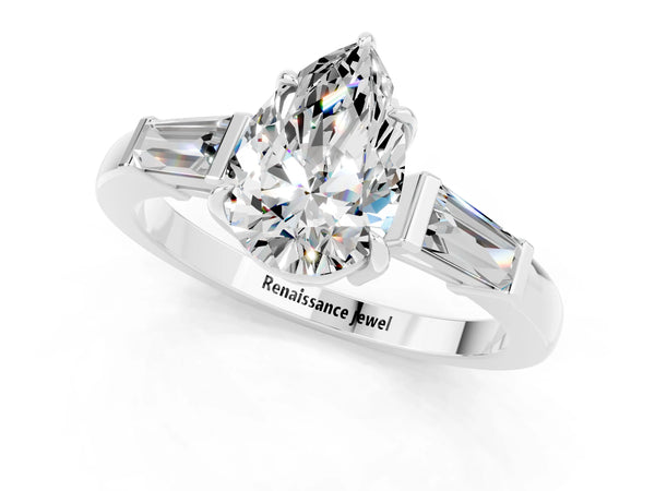 White gold Pear Cut Moissanite Three-Stone Ring with Tapered Baguette Side Stones and Prong Setting