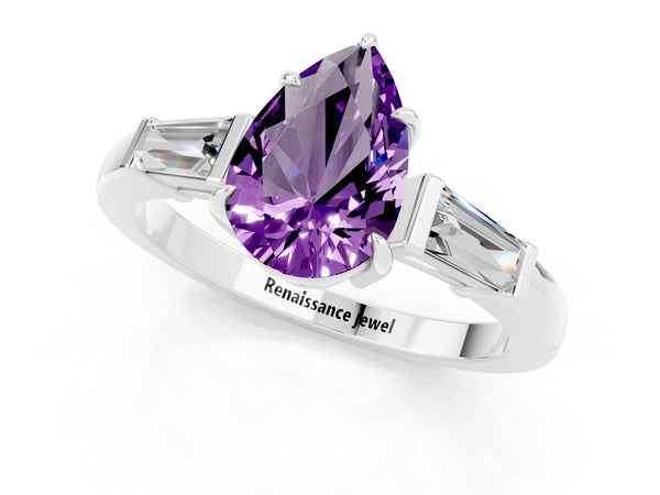 Platinum Pear Cut Amethyst Three-Stone Ring with Tapered Baguette Side Stones and Prong Setting