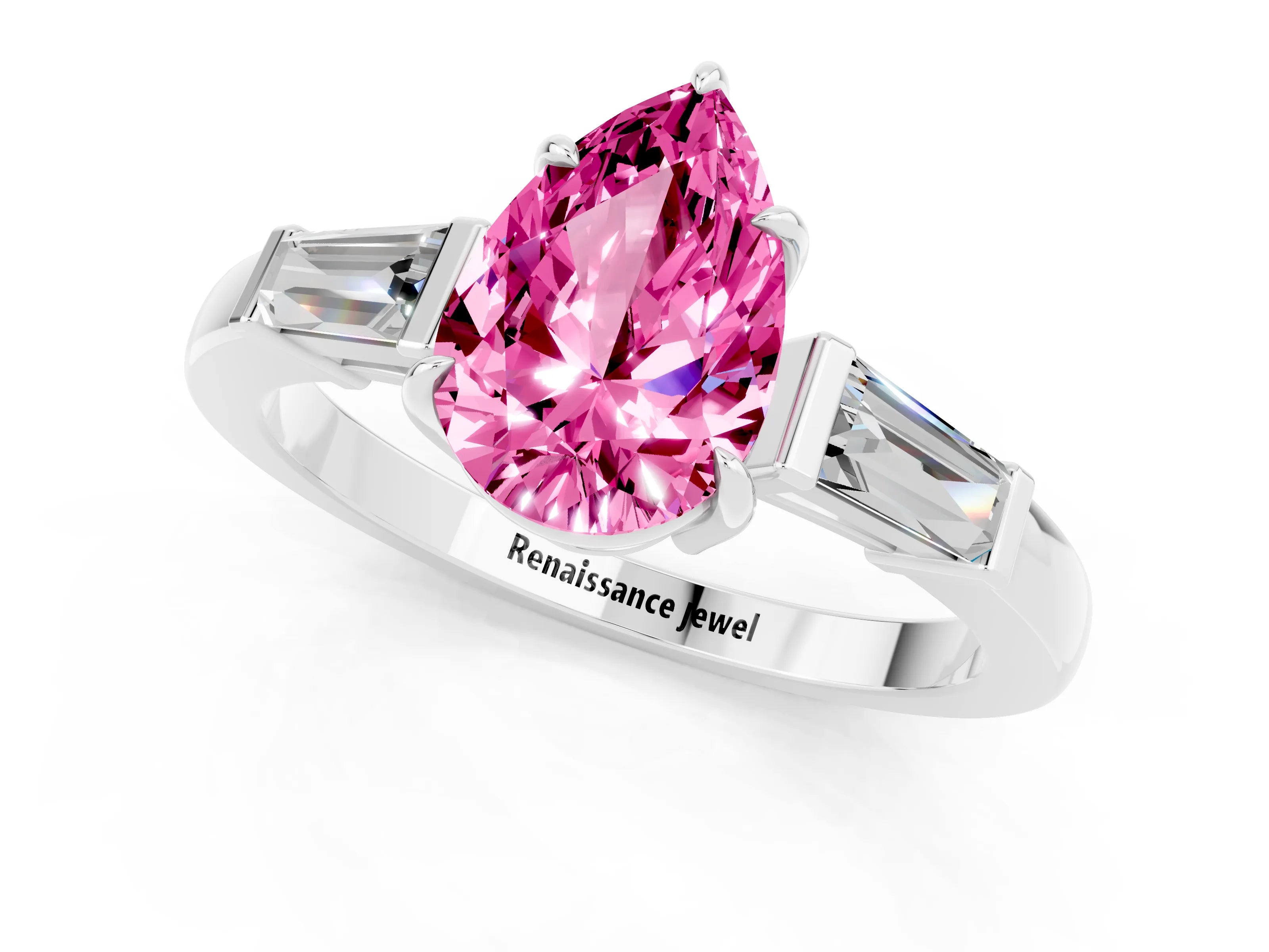 White gold Pear Cut Cut Diamond Ring with Tapered Baguette Side Stones in Four-Prong Setting_1