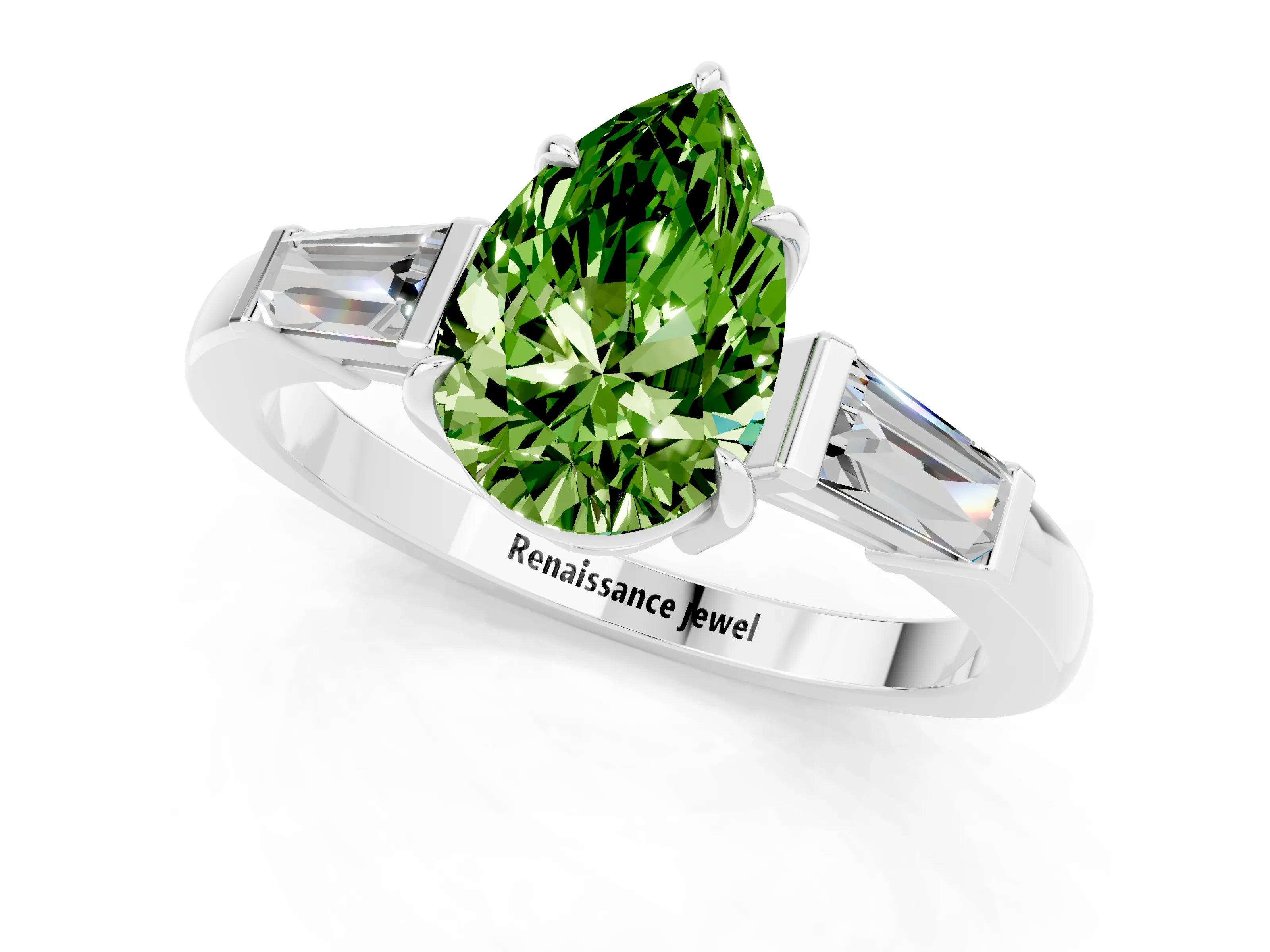 White gold Pear Cut Cut Diamond Ring with Tapered Baguette Side Stones in Four-Prong Setting_1