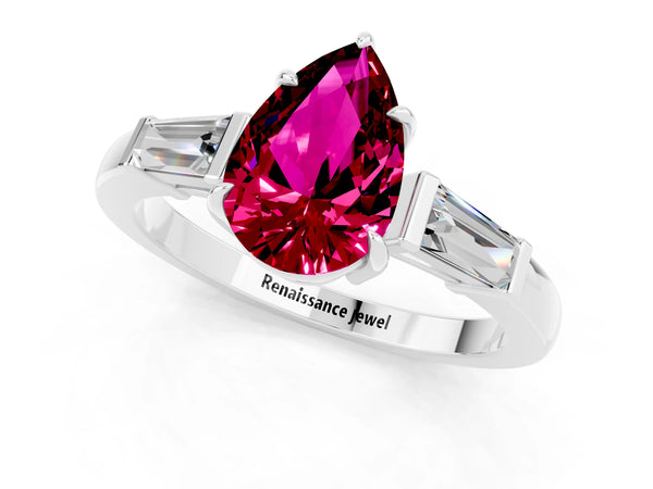 Silver Pear Cut Garnet Three-Stone Ring with Tapered Baguette Side Stones and Prong Setting