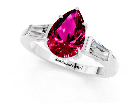 White gold Pear Cut Cut Diamond Ring with Tapered Baguette Side Stones in Four-Prong Setting_1