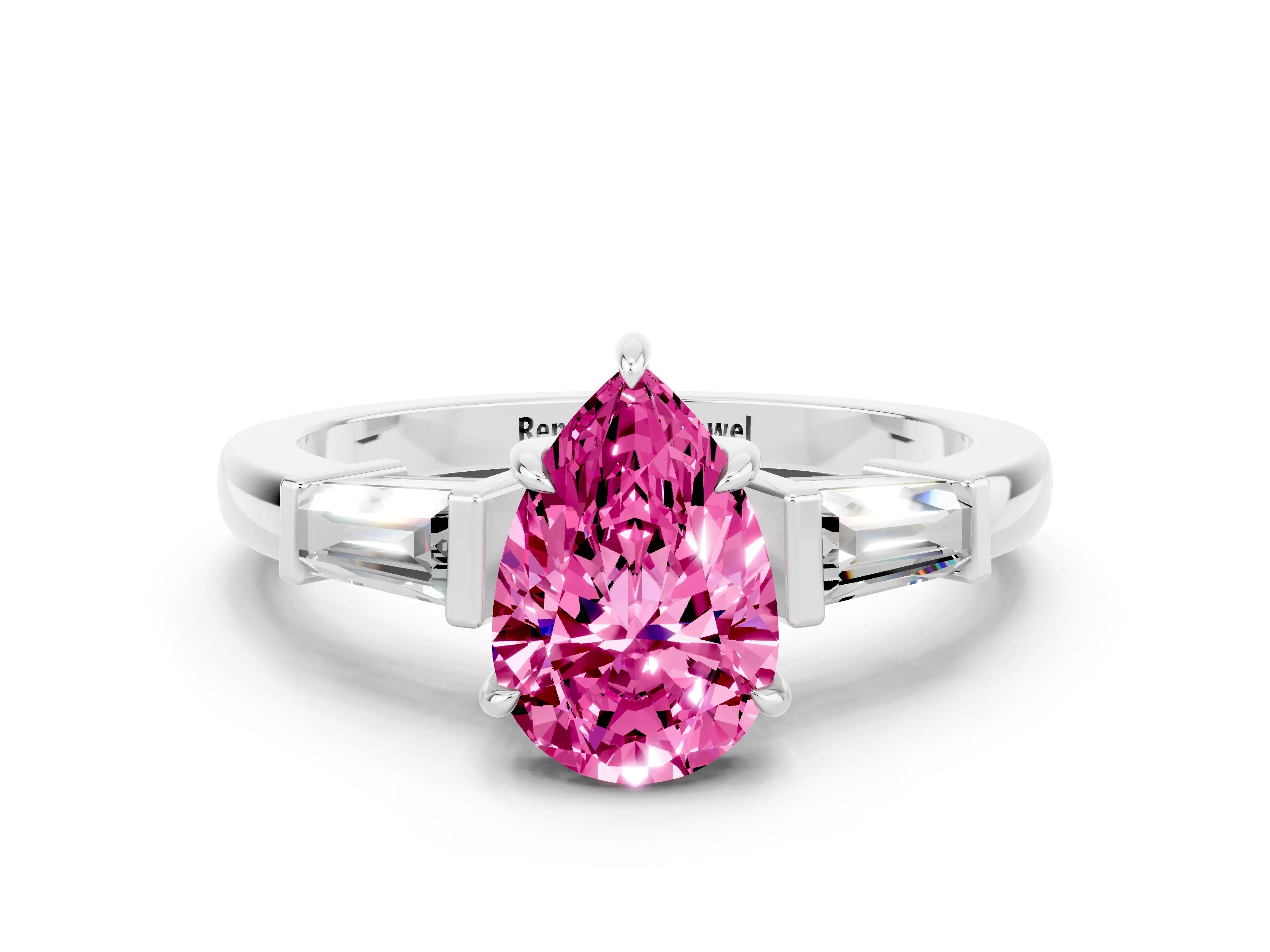 White gold Pear Cut Cut Diamond Ring with Tapered Baguette Side Stones in Four-Prong Setting