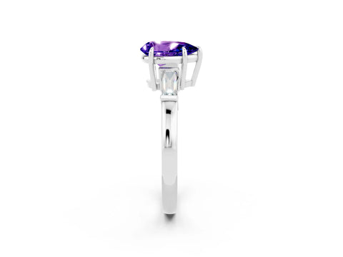 White gold Pear Cut Cut Diamond Ring with Tapered Baguette Side Stones in Four-Prong Setting_2