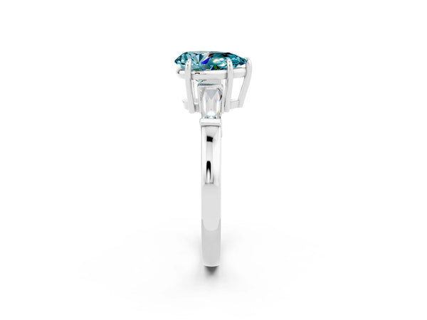 Silver Pear Cut Cut Diamond Ring with Tapered Baguette Side Stones in Four-Prong Setting