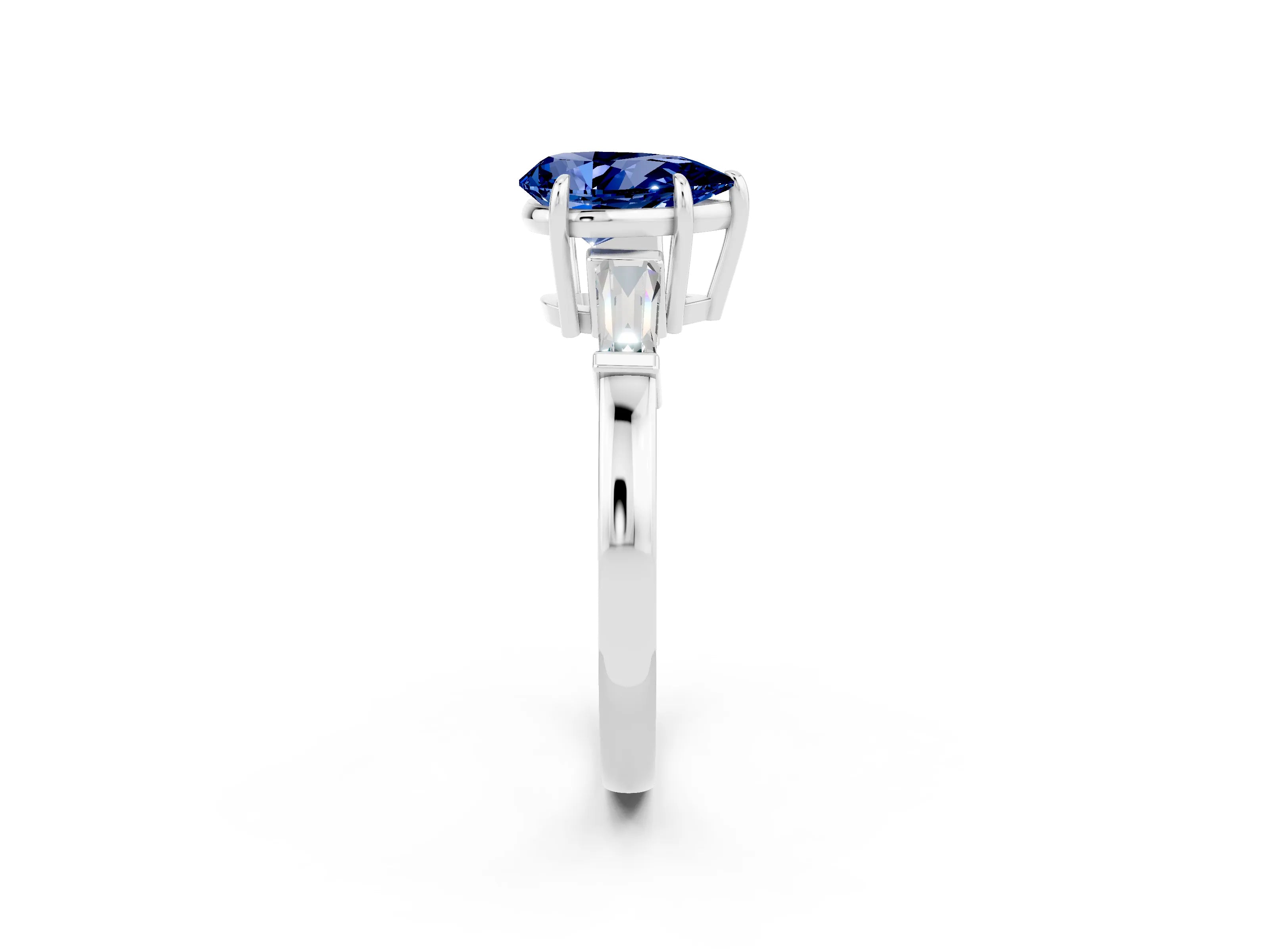 White gold Pear Cut Cut Diamond Ring with Tapered Baguette Side Stones in Four-Prong Setting_2