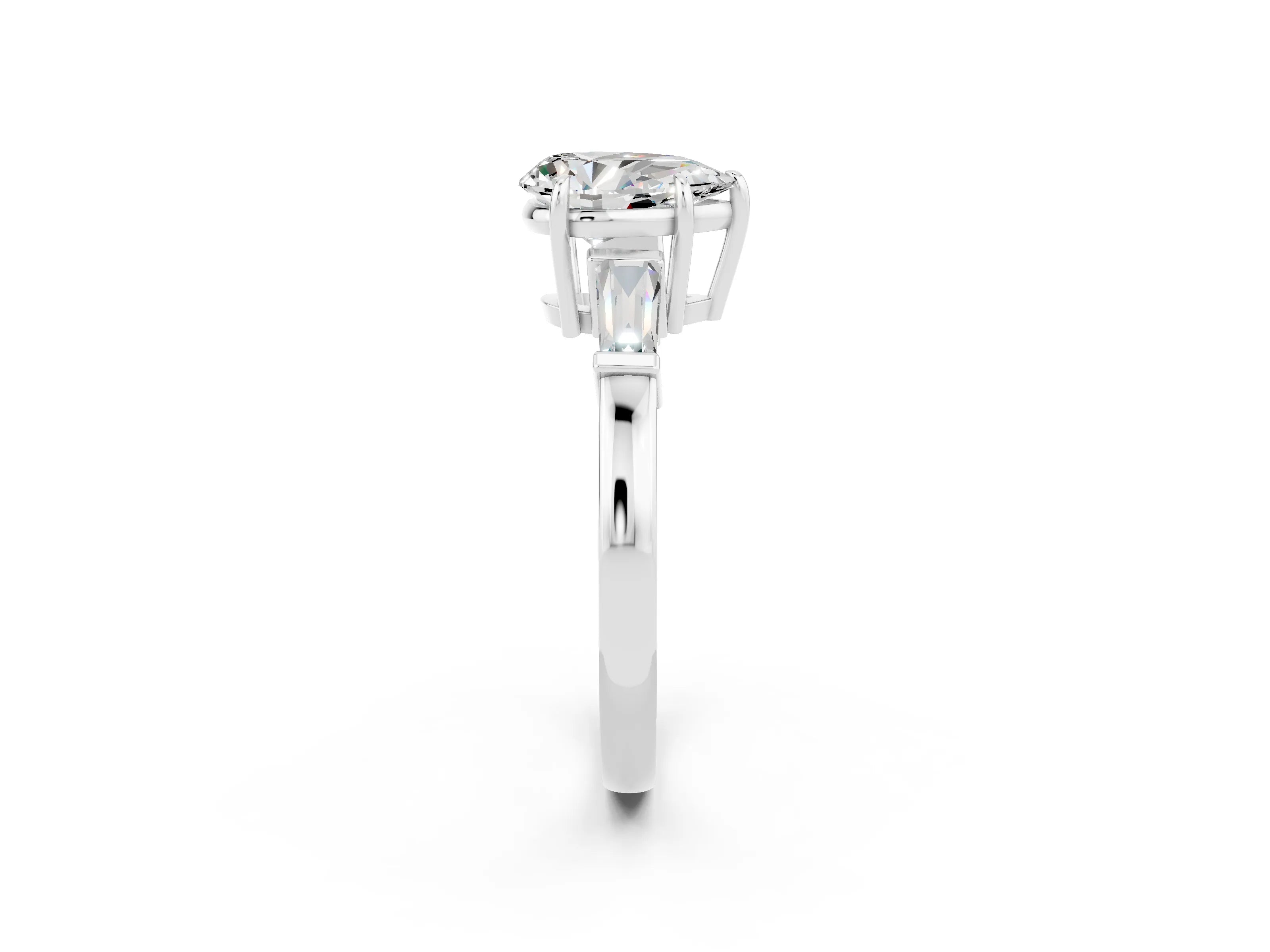 White gold Pear Cut Cut Diamond Ring with Tapered Baguette Side Stones in Four-Prong Setting_2