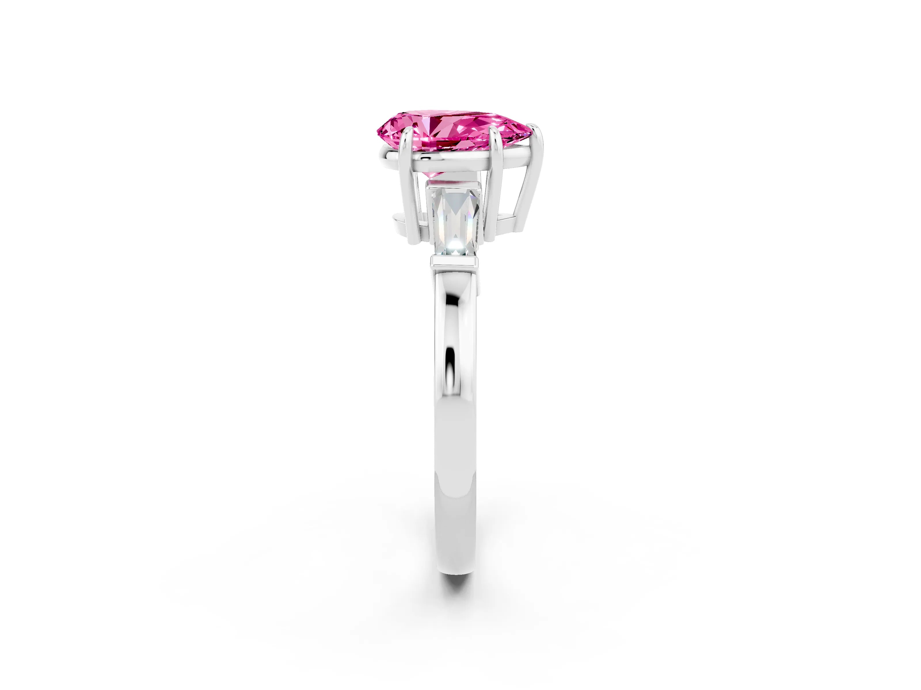 White gold Pear Cut Cut Diamond Ring with Tapered Baguette Side Stones in Four-Prong Setting_2