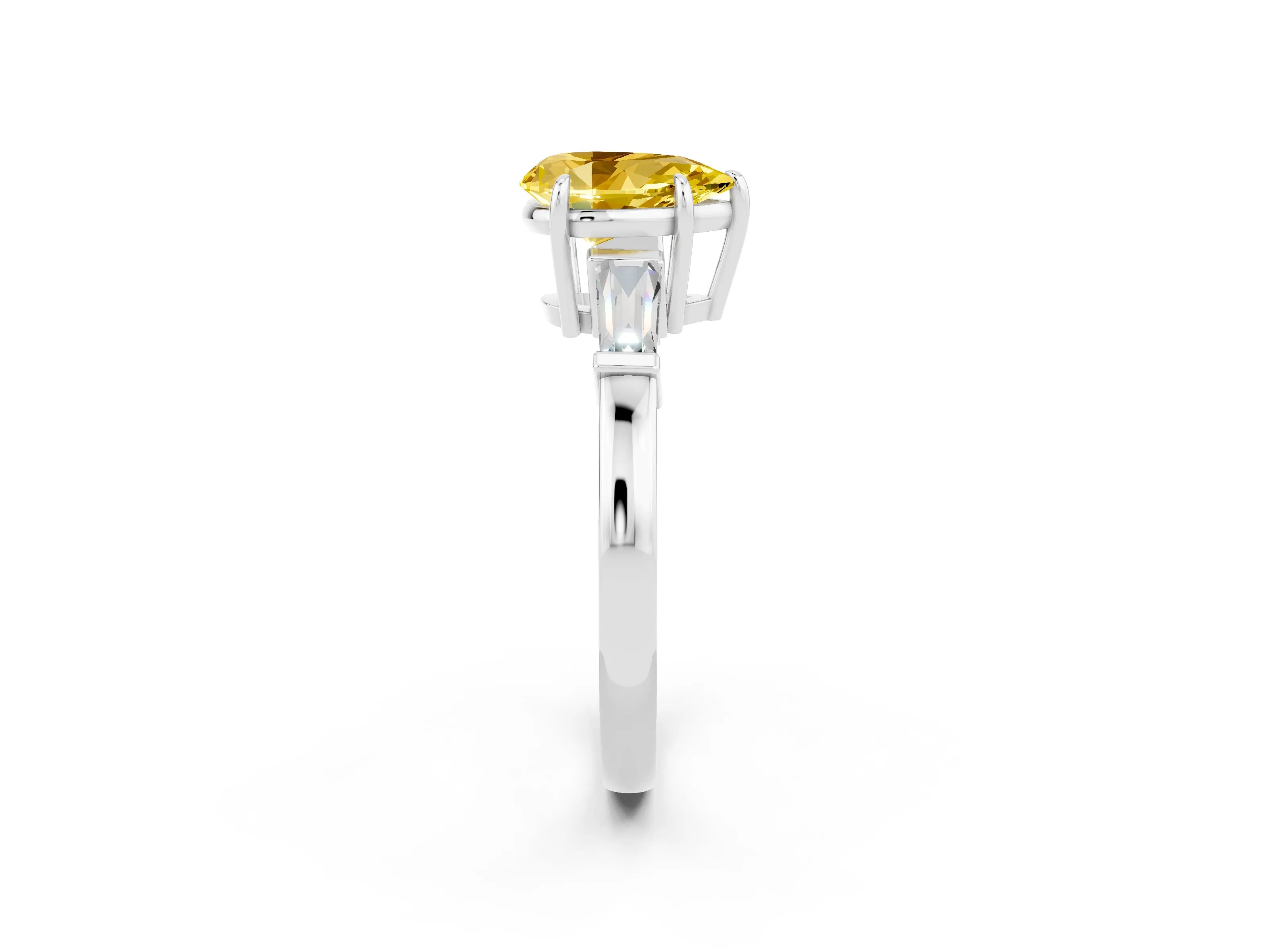 White gold Pear Cut Cut Diamond Ring with Tapered Baguette Side Stones in Four-Prong Setting_2