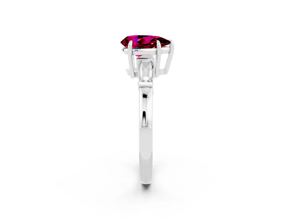 Silver Pear Cut Garnet Three-Stone Ring with Tapered Baguette Side Stones and Prong Setting
