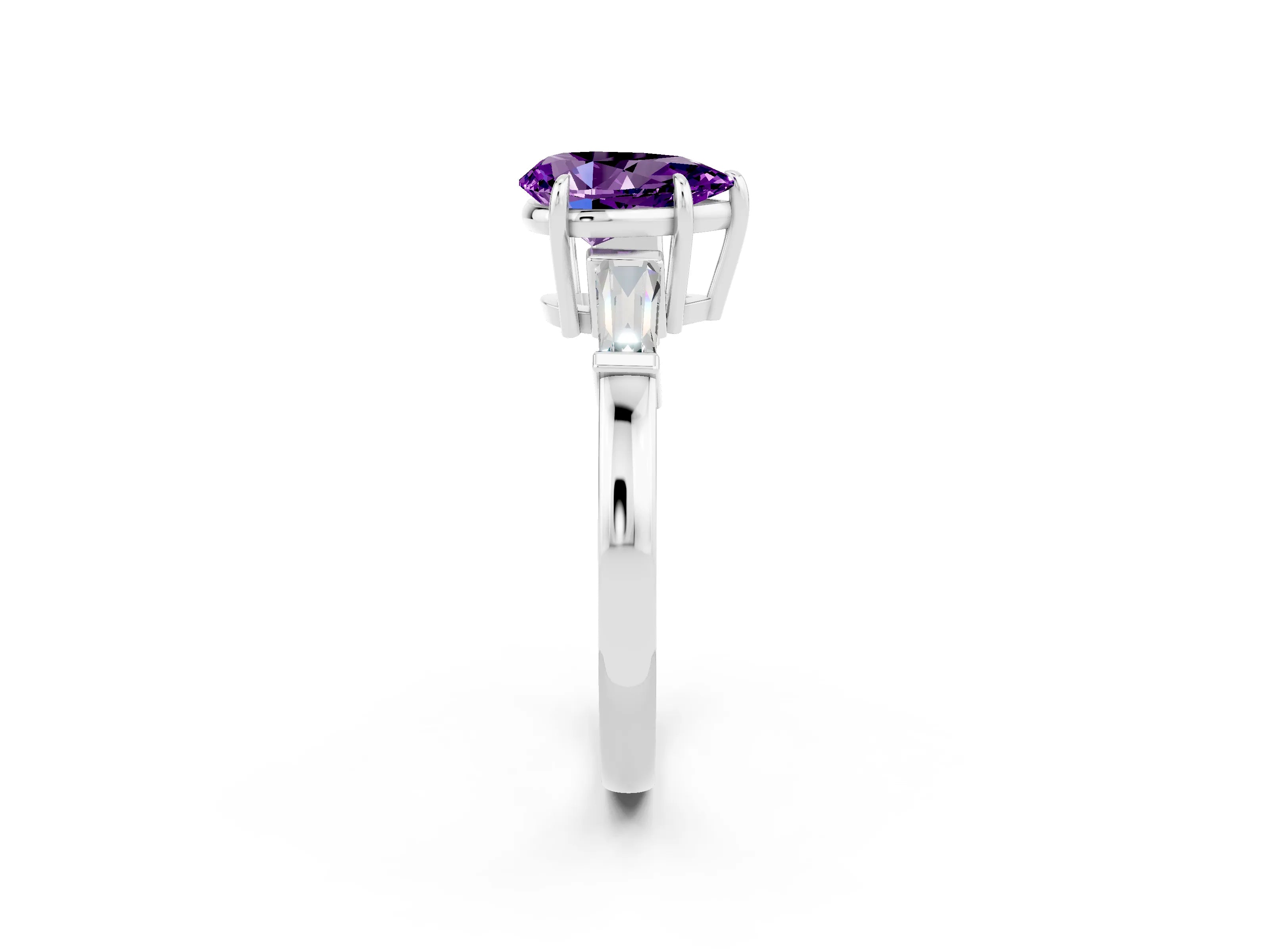 White gold Pear Cut Cut Diamond Ring with Tapered Baguette Side Stones in Four-Prong Setting_2