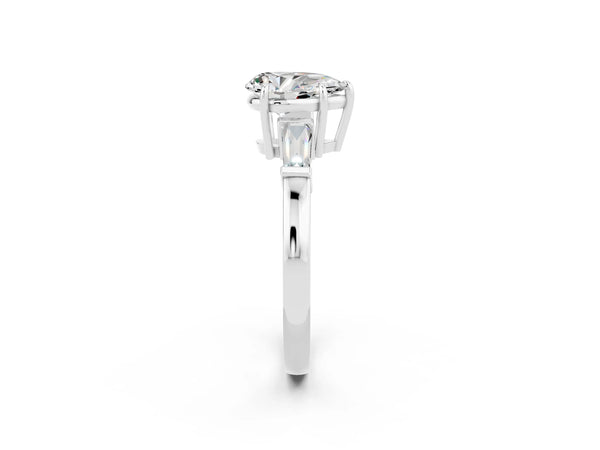 White gold Pear Cut Moissanite Three-Stone Ring with Tapered Baguette Side Stones and Prong Setting