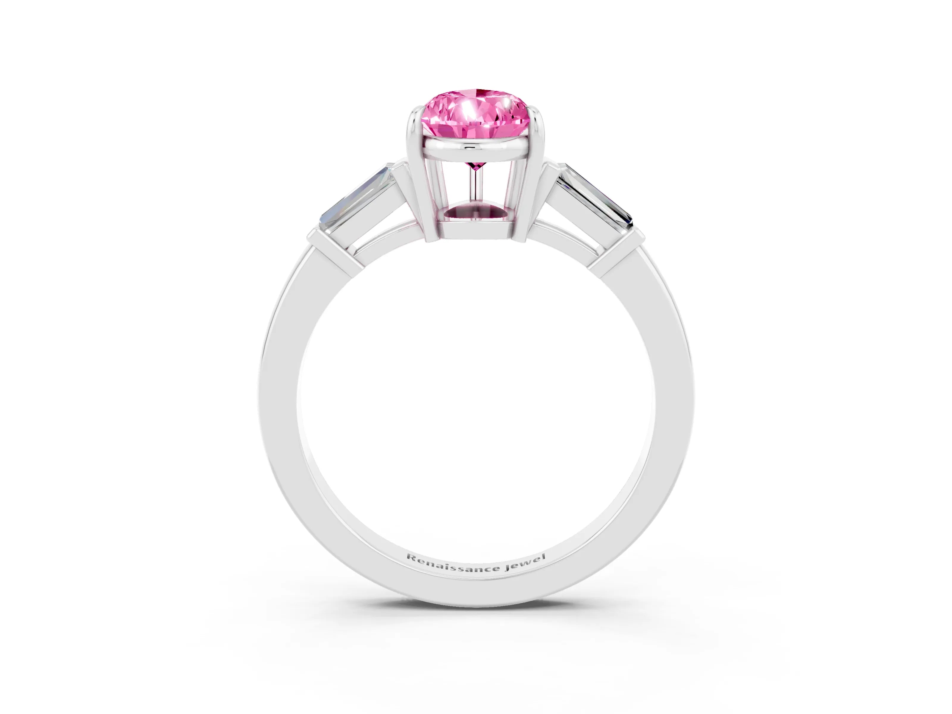 White gold Pear Cut Cut Diamond Ring with Tapered Baguette Side Stones in Four-Prong Setting_3