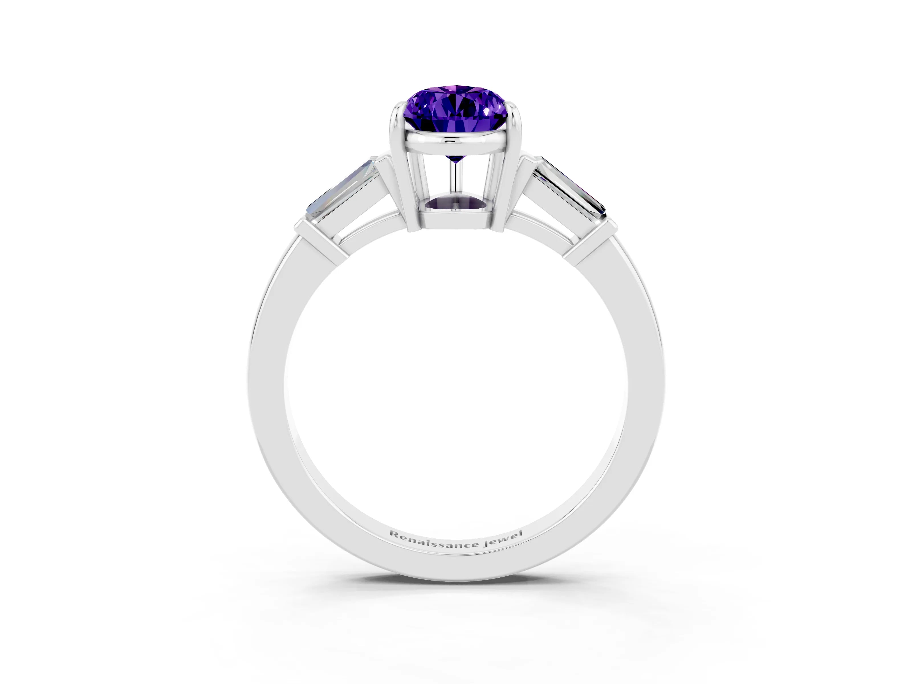White gold Pear Cut Cut Diamond Ring with Tapered Baguette Side Stones in Four-Prong Setting_3