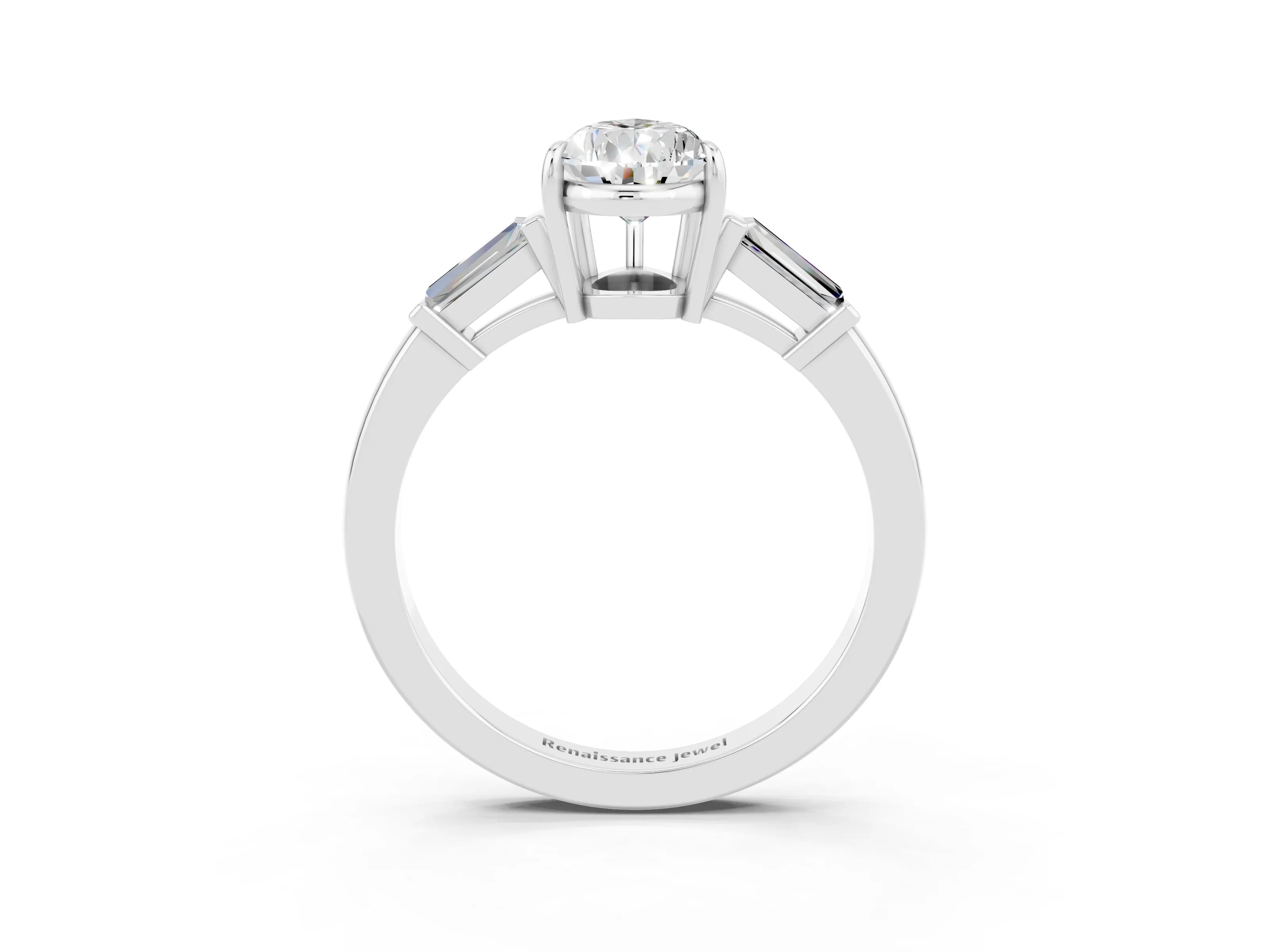 White gold Pear Cut Cut Diamond Ring with Tapered Baguette Side Stones in Four-Prong Setting_3