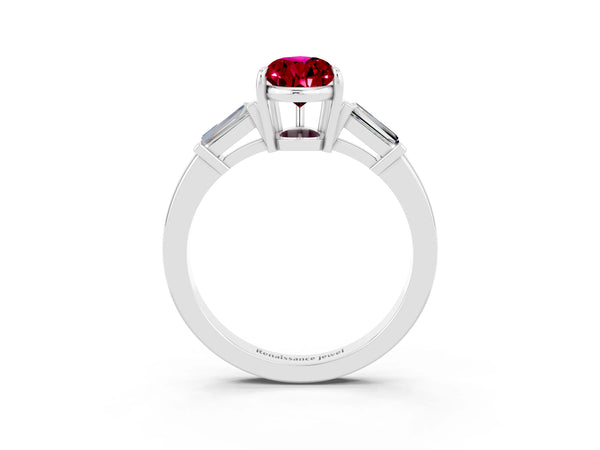 Silver Pear Cut Garnet Three-Stone Ring with Tapered Baguette Side Stones and Prong Setting