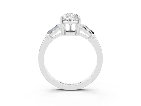 White gold Pear Cut Moissanite Three-Stone Ring with Tapered Baguette Side Stones and Prong Setting