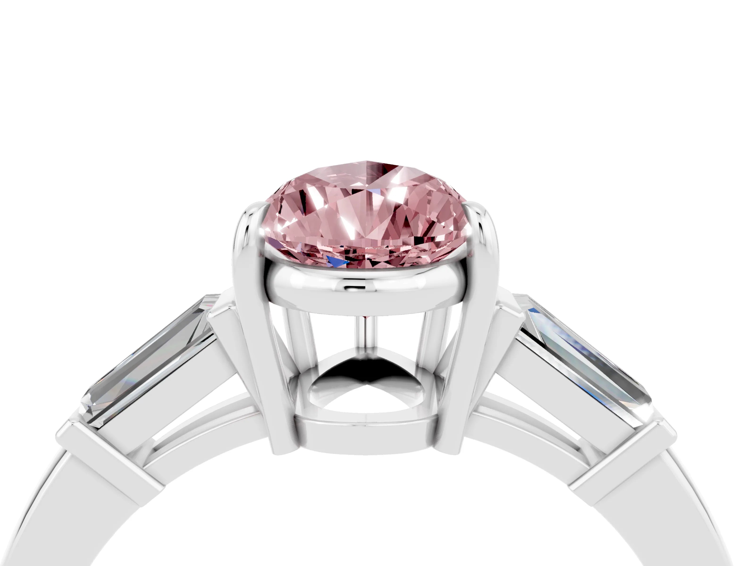 White gold Pear Cut Cut Diamond Ring with Tapered Baguette Side Stones in Four-Prong Setting_4