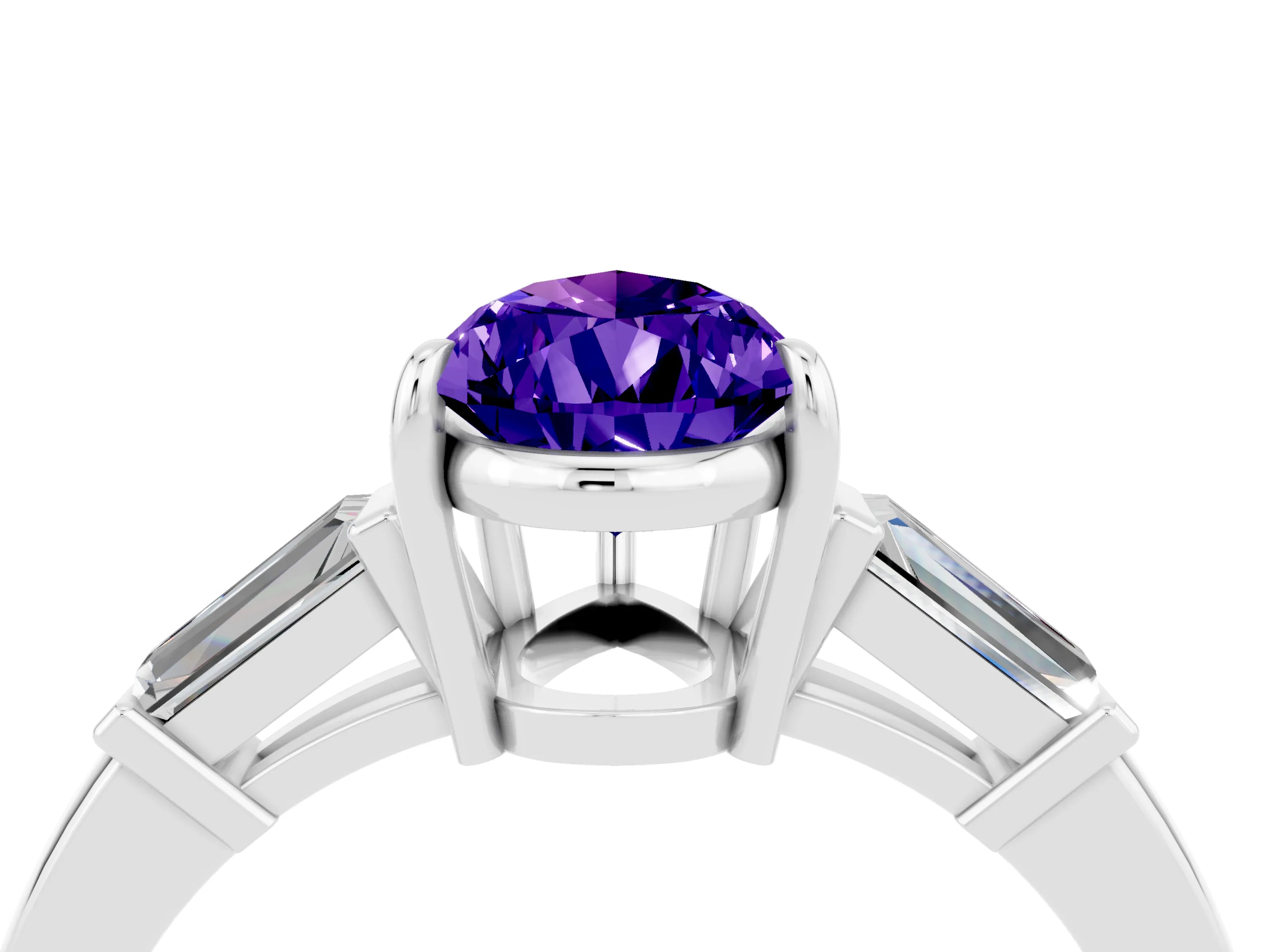 White gold Pear Cut Cut Diamond Ring with Tapered Baguette Side Stones in Four-Prong Setting_4