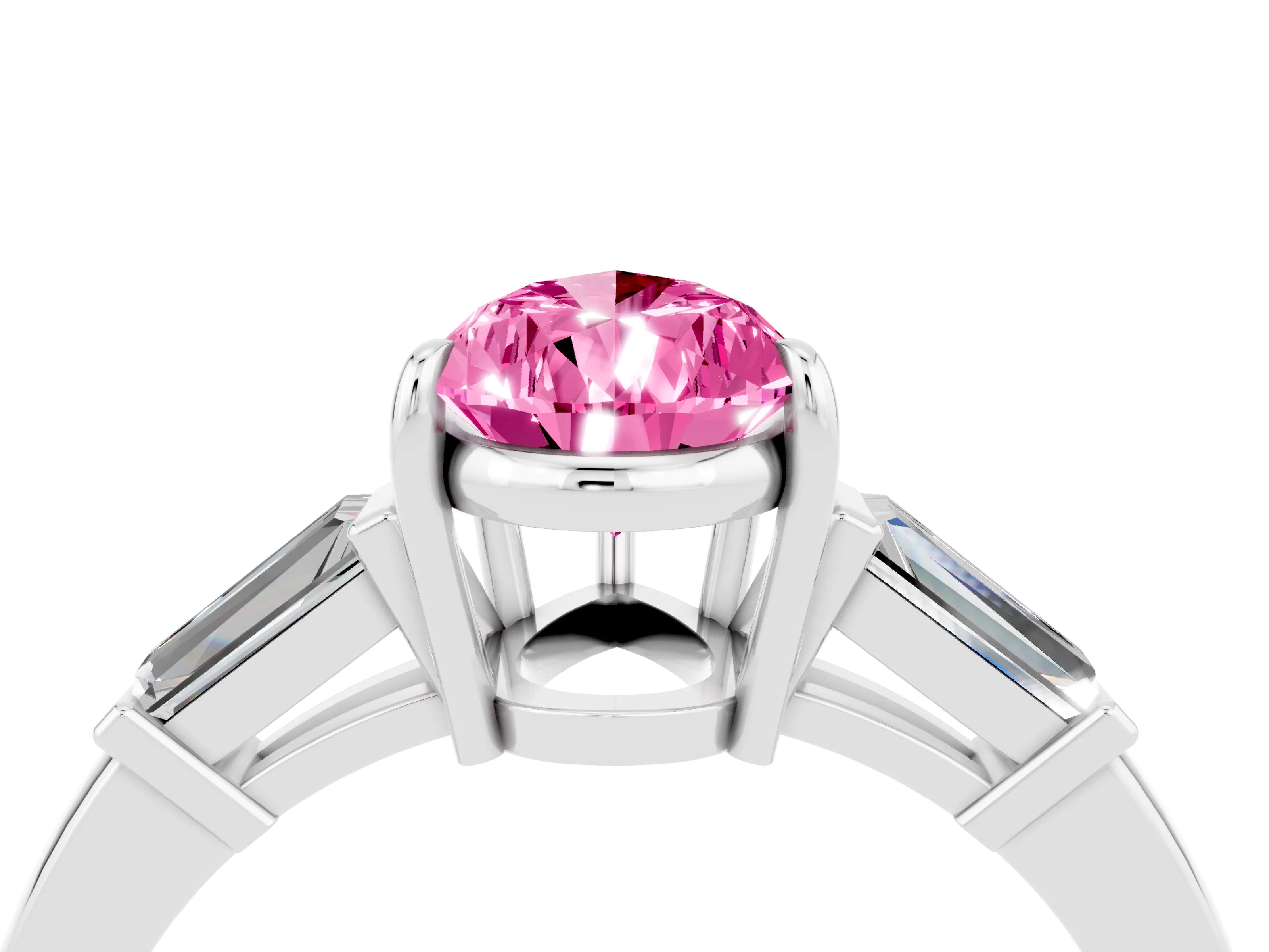 White gold Pear Cut Cut Diamond Ring with Tapered Baguette Side Stones in Four-Prong Setting_4