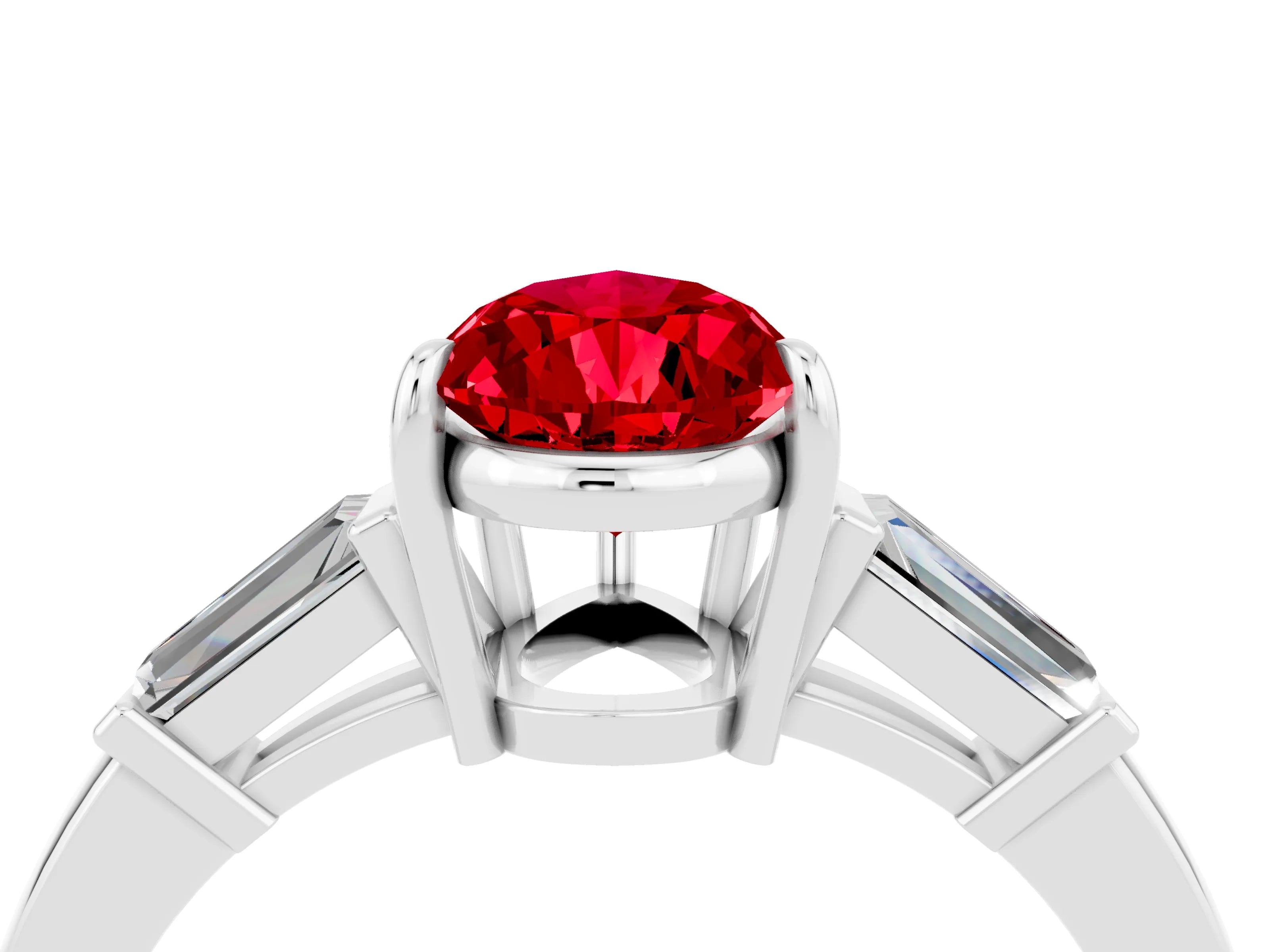 White gold Pear Cut Cut Diamond Ring with Tapered Baguette Side Stones in Four-Prong Setting_4
