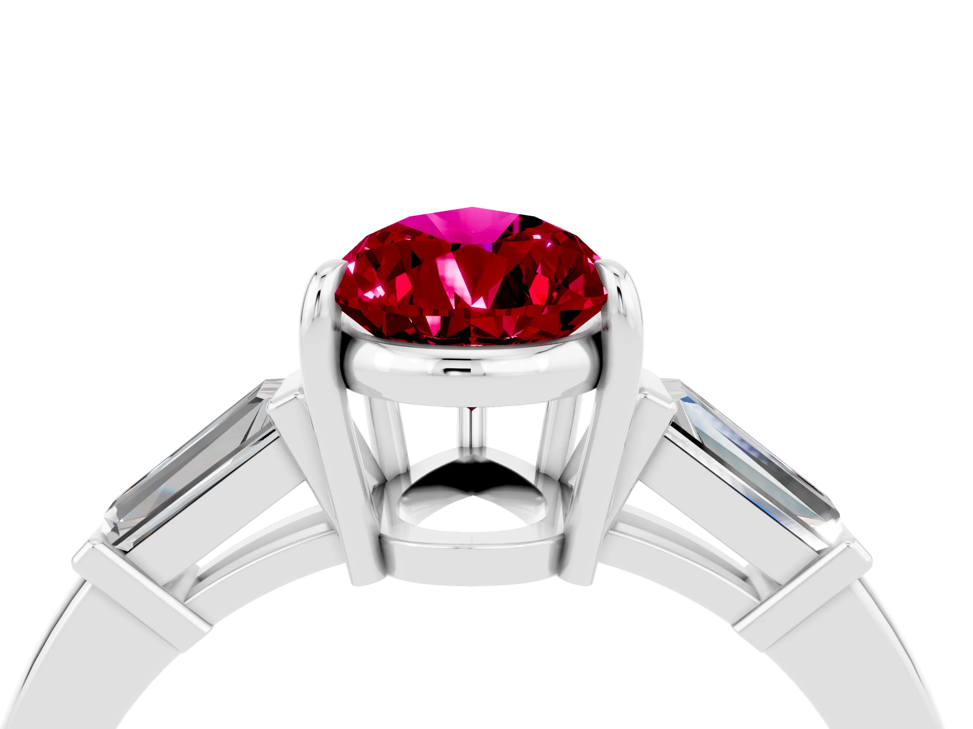 White gold Pear Cut Cut Diamond Ring with Tapered Baguette Side Stones in Four-Prong Setting_4