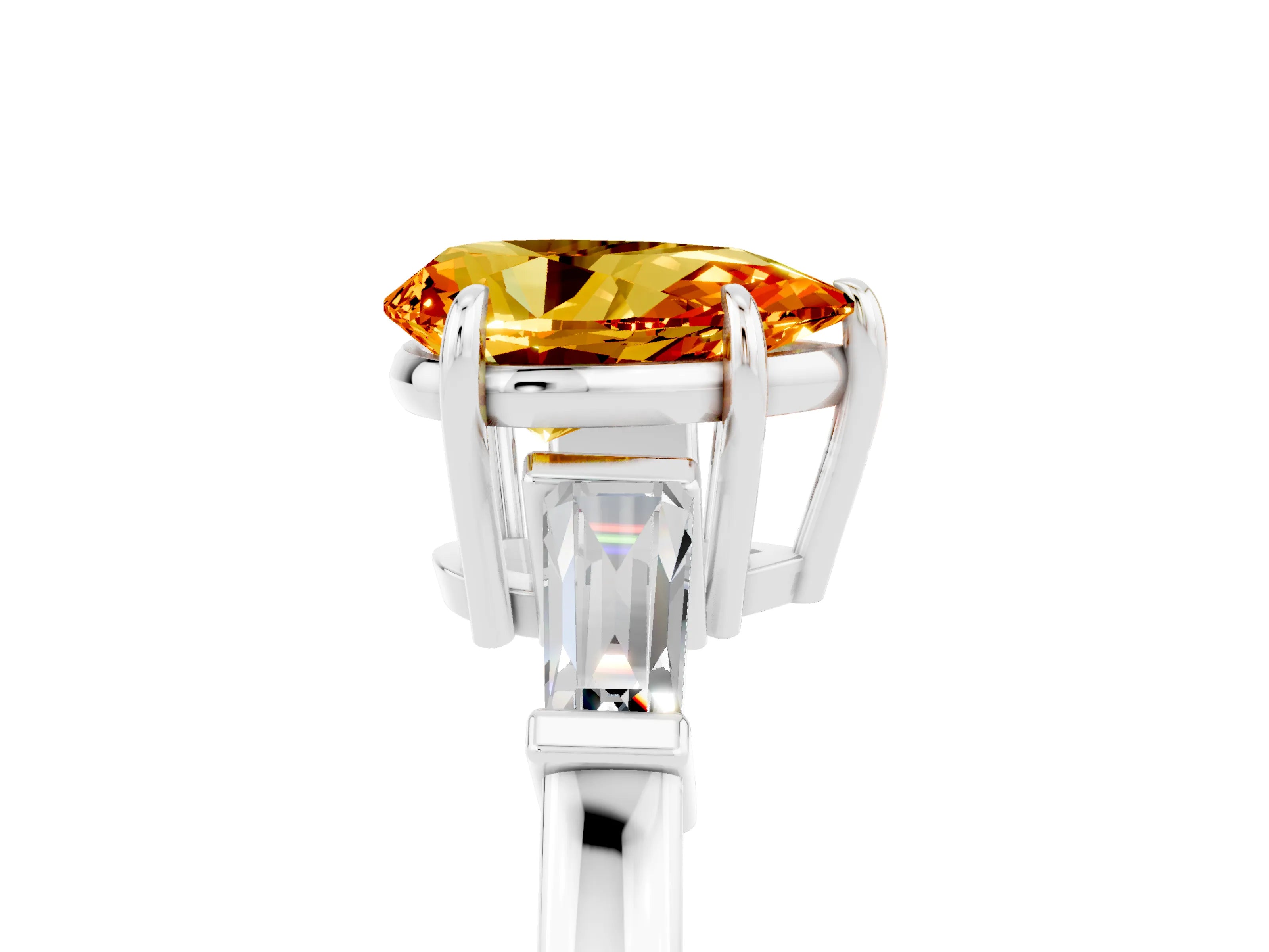 White gold Pear Cut Cut Diamond Ring with Tapered Baguette Side Stones in Four-Prong Setting_5