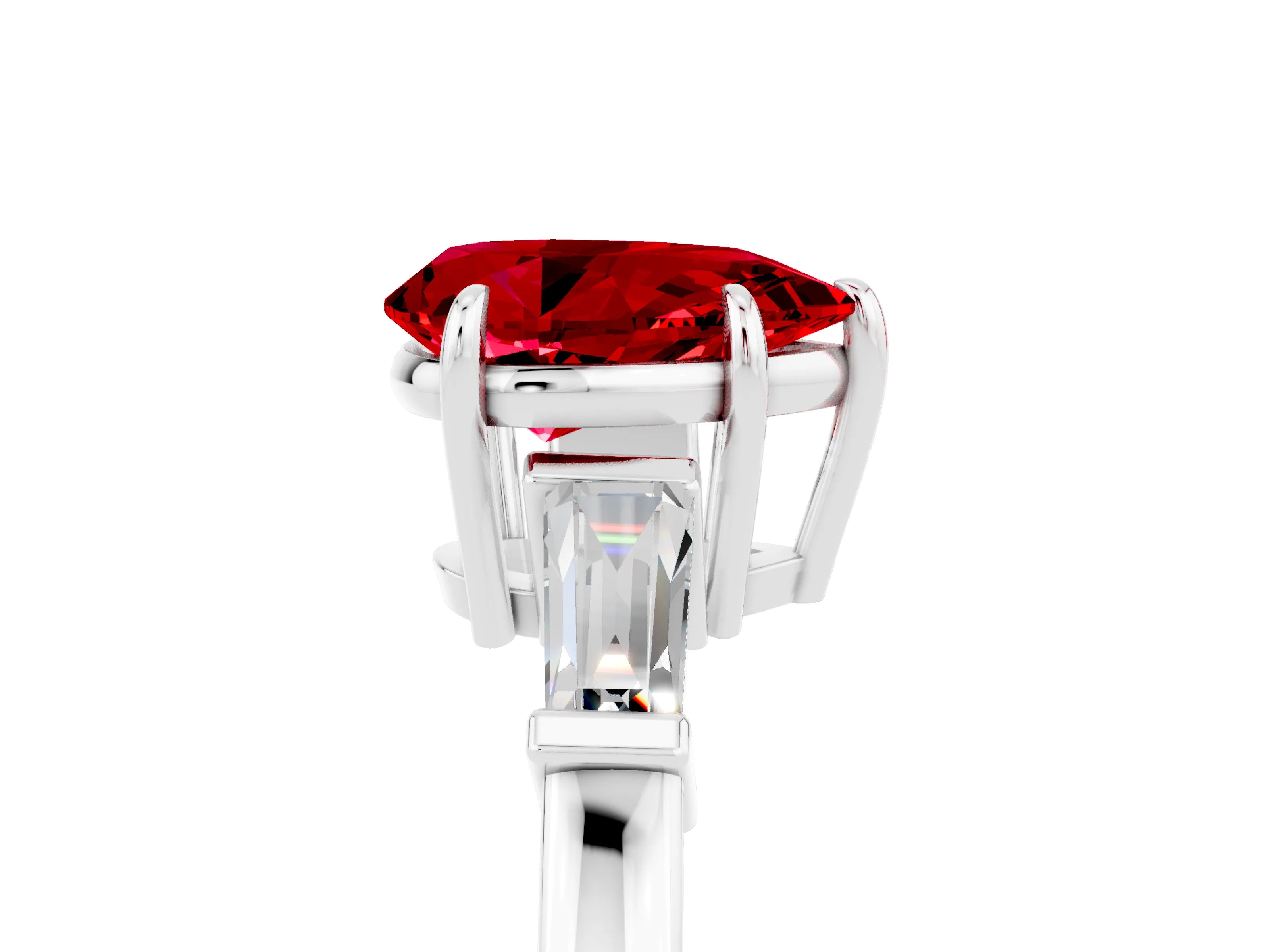 White gold Pear Cut Cut Diamond Ring with Tapered Baguette Side Stones in Four-Prong Setting_5