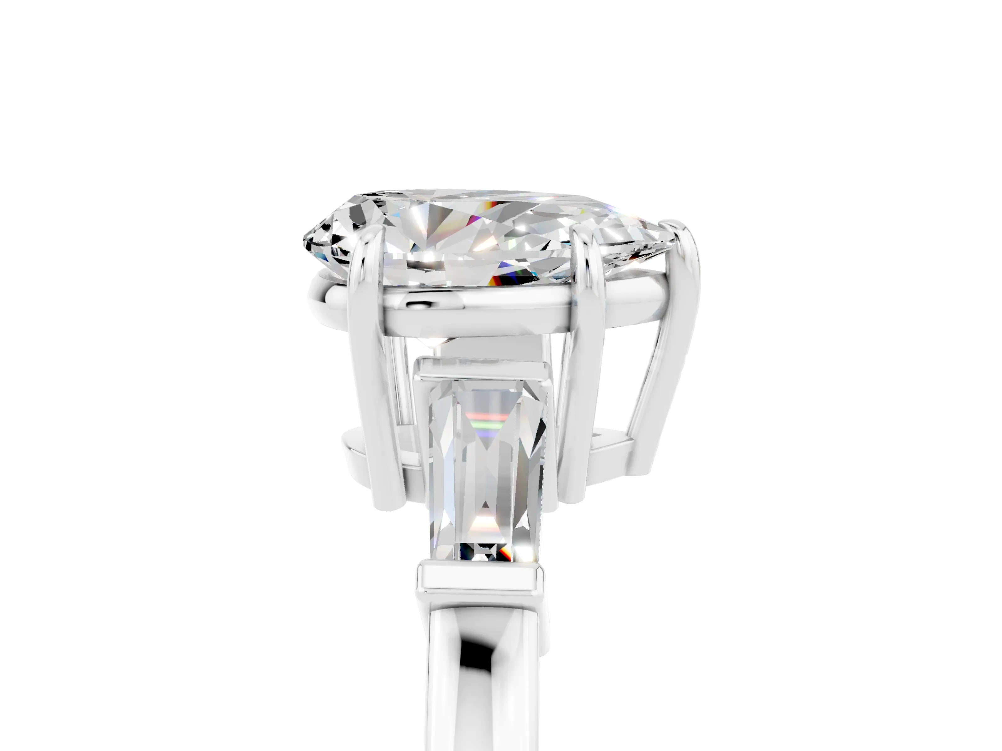 White gold Pear Cut Cut Diamond Ring with Tapered Baguette Side Stones in Four-Prong Setting_5