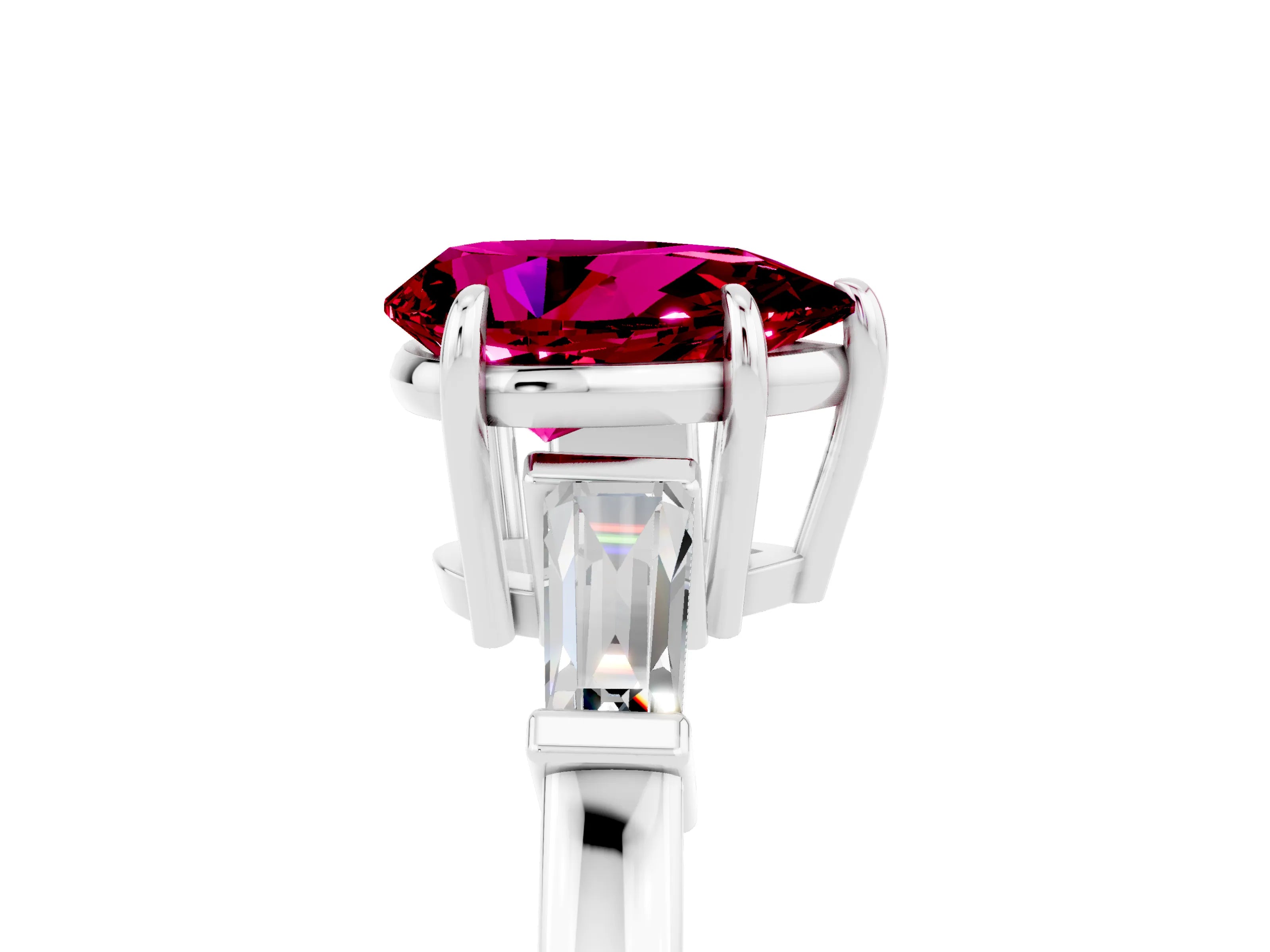 White gold Pear Cut Cut Diamond Ring with Tapered Baguette Side Stones in Four-Prong Setting_5