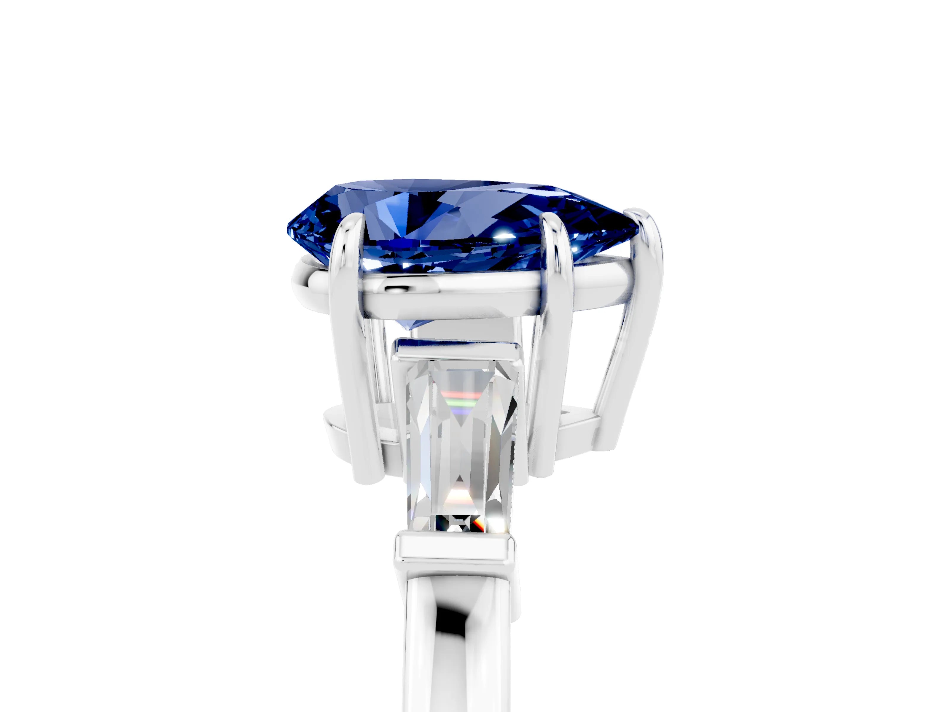 White gold Pear Cut Cut Diamond Ring with Tapered Baguette Side Stones in Four-Prong Setting_5